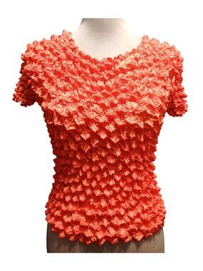 Vintage Y2K Popcorn Textured Top One Size Bright Orange Stretch Bubble Blouse